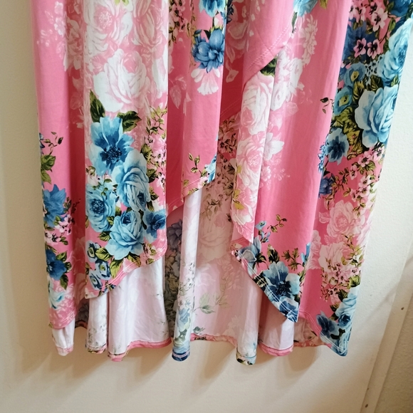 Floral Pink and Blue Wrap Dress - Picture 2 of 7